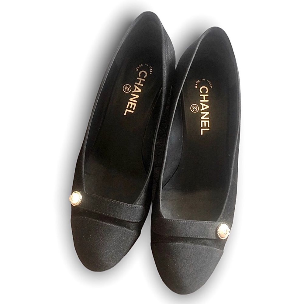 Chanel Black Suede & Grosgrain Pumps with Pearl